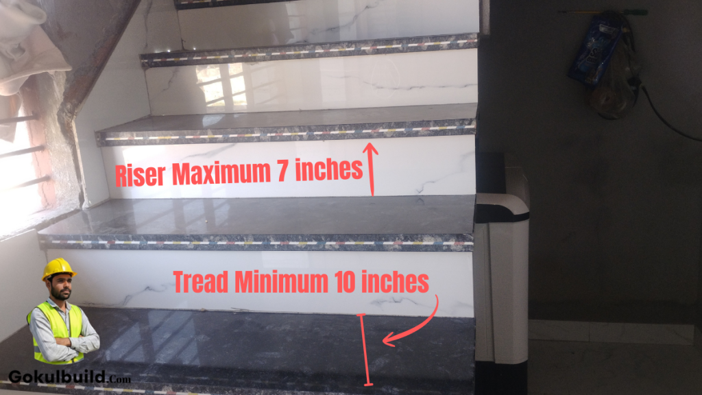 safe staircase design jisme tread 10 inch aur riser 7 inch hai